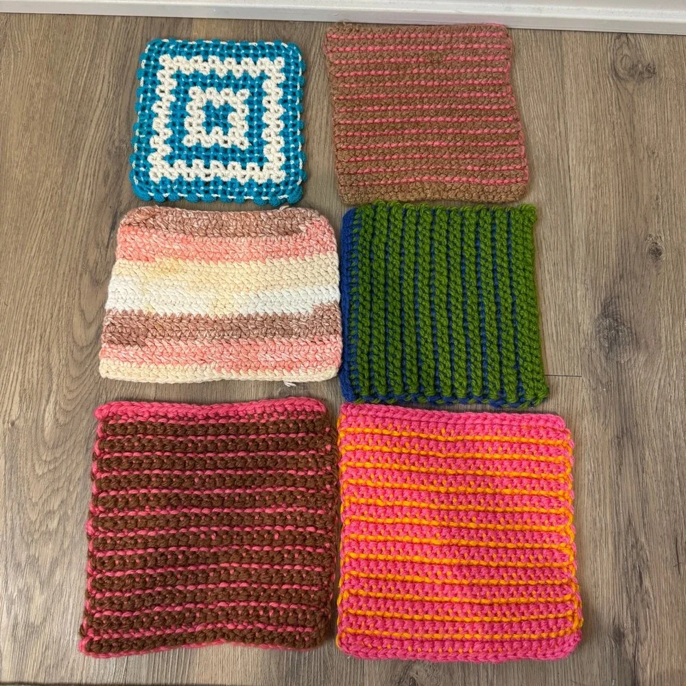 Handmade Crochet Potholders Set of 6 Multi Color Striped Square Hot Pads 7x7